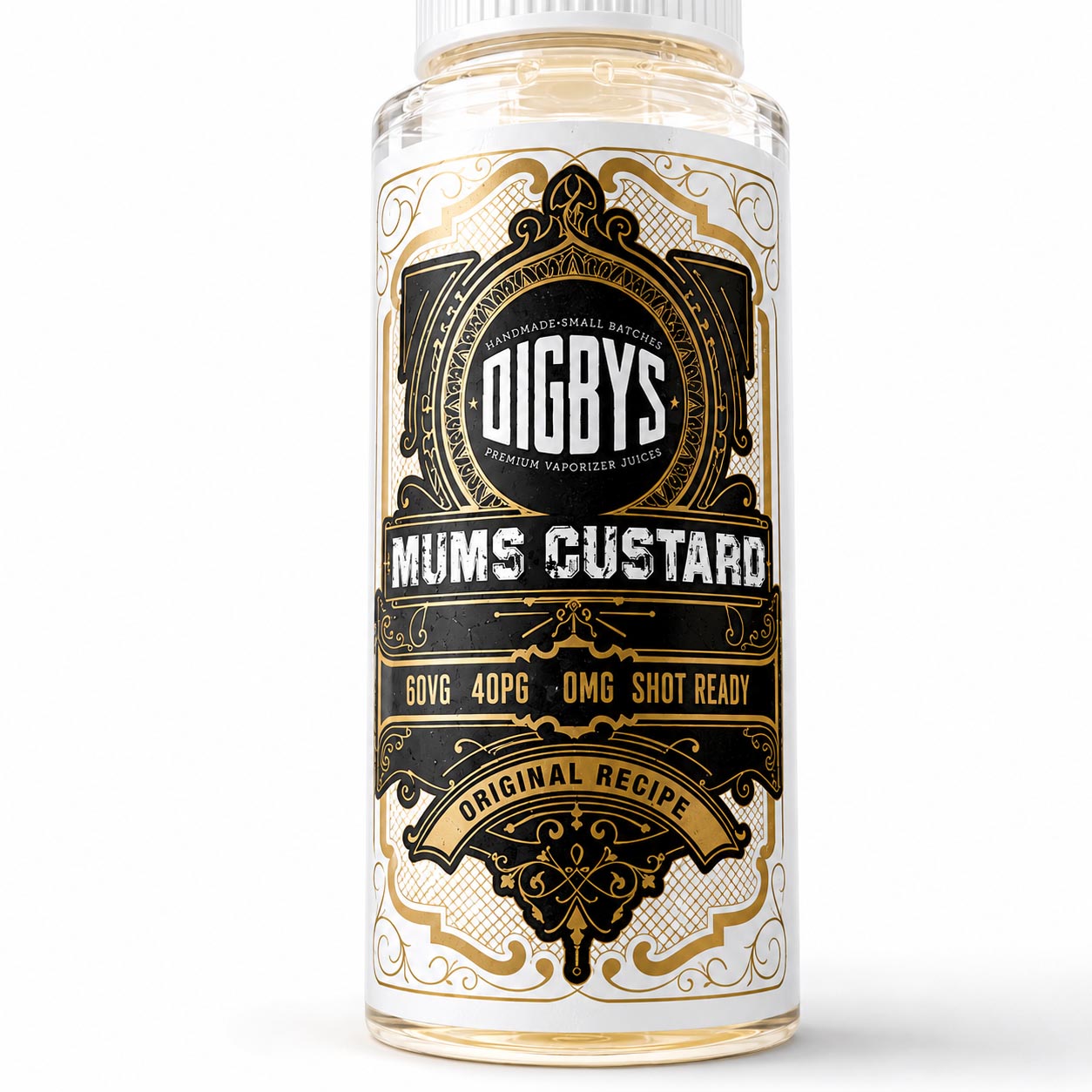 Close-up of the Digby's Mum's Custard shortfill label showing 60VG/40PG, 0mg shot-ready, original recipe