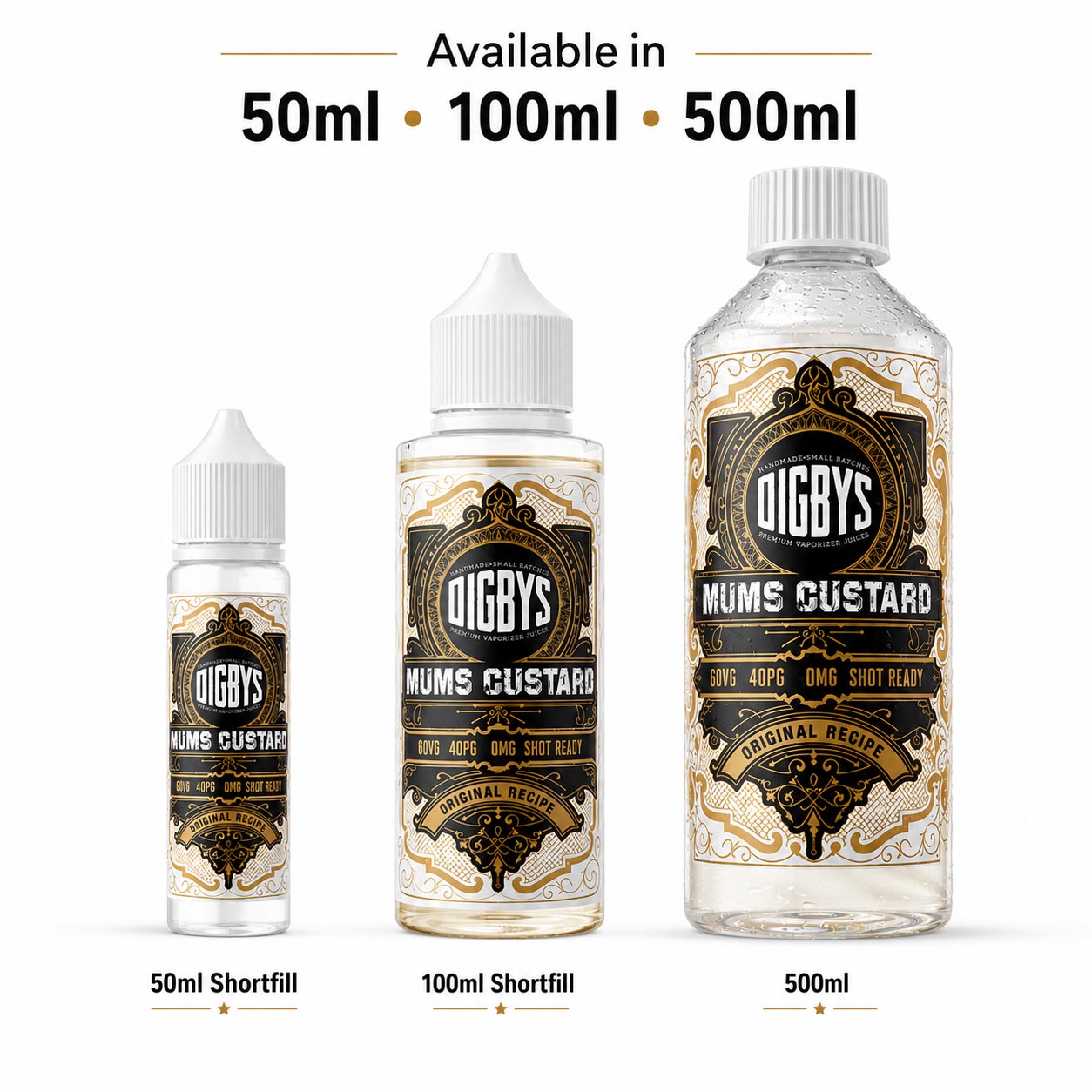 Digby's Mum's Custard shortfill available in 50ml, 100ml and 500ml bottle sizes